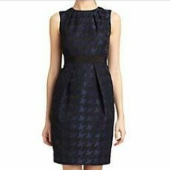 Carmen Marc Volvo Sheath Dress Houndstooth Jaquared Textured Blue Black  Size 10 - Picture 1 of 12